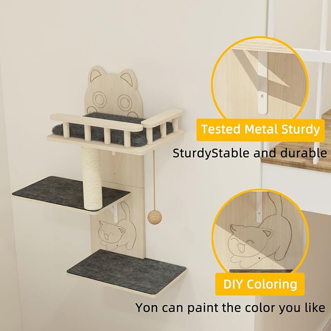 Cat Wall Shelves, 3 Platform Kitten Wall Furniture, DIY for Painting Cats Scratching Post with Sisal Scratching Post and Ball Toy