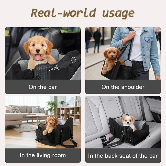 Dog Car Seat for Small/Medium Dogs Under 15 lbs with 2 Replaceable Dual-Sided Summer/Winter Cushions, Portable Booster & Pet Bed for Back & Front Seat Travel, Carrier with Leash Clip