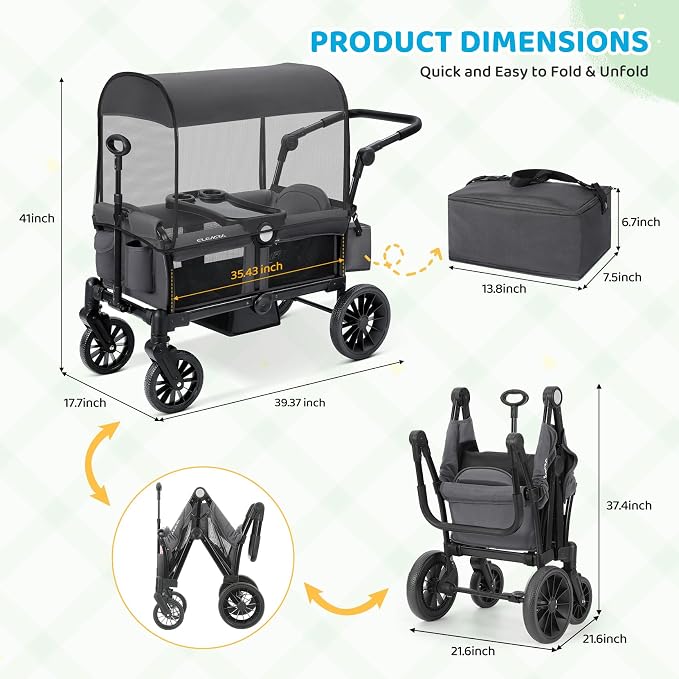ELEMARA Foldable Wagon Stroller, Stroller Wagon for 2 Kids, Premium All Terrain Wagon for Kids with Removable Canopy, Adjustable Push/Pull Handle, Harnesses, Large Storage Bag, Gray