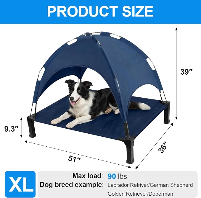 Elevated Dog Bed with Canopy Raised Pet Cot for Large Dogs, Outdoor Dog Cot with Removable Sun Shade Tent, Breathable Mesh Portable Dogs Cot for Camping, Beach, Backyard, Outdoor Use