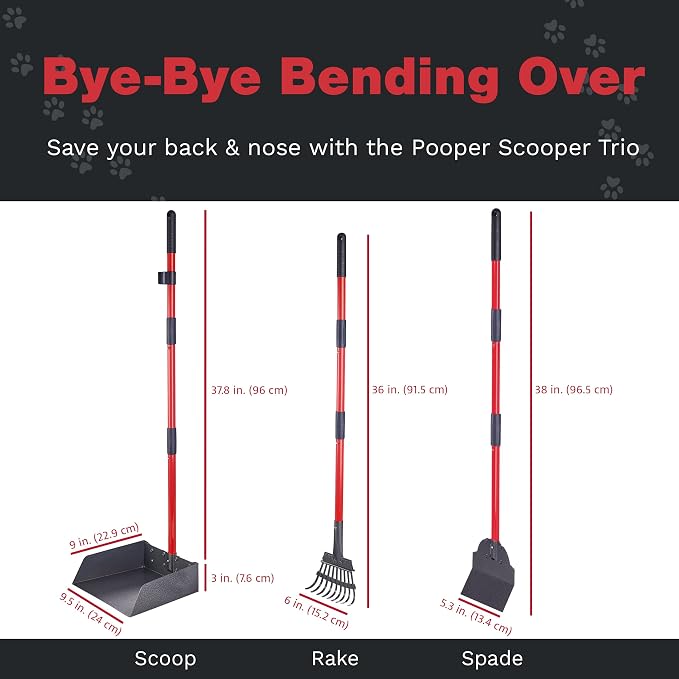 Pooper Scooper for Dogs, Heavy Duty Long Handle Rake, Spade & XL Tray | Rustproof Aluminum Poop Scooper for Large Dogs, 36+" Handles and 9”W 9.5”L Extra Large Tray for Yard, Grass, Dirt & Gravel