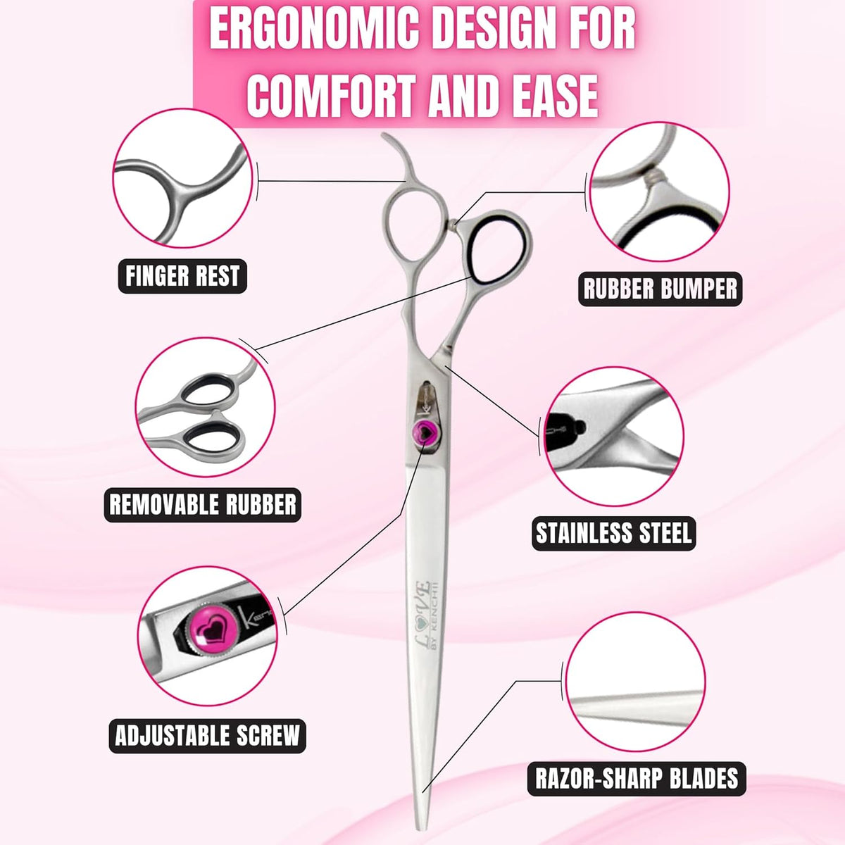 Kenchii Love Dog Grooming Scissors, 9 Inch Straight Shears, Dog Scissors for Grooming, Professional Pet Grooming Scissors, Heavy Duty, Durable and Sharp