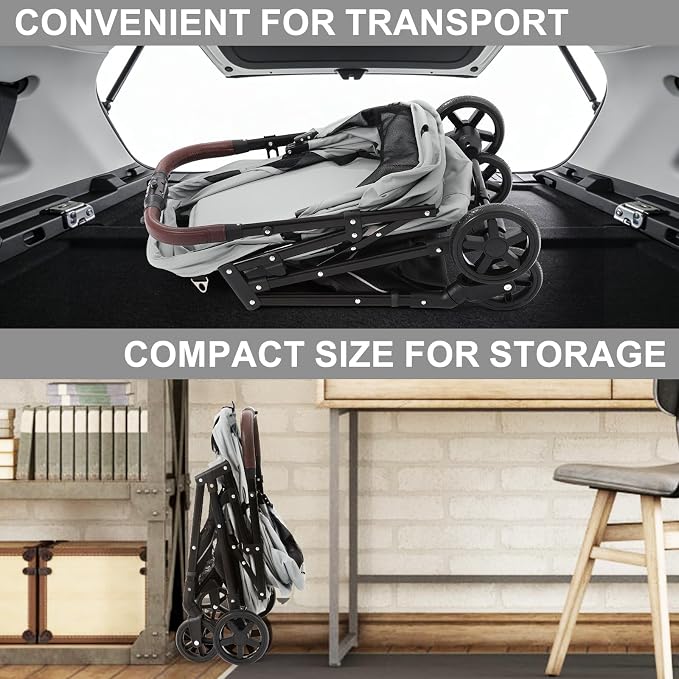 No-Zip Pet Stroller for Small Dogs & Cats, 44 lb, Gray | No-Zip Canopy, 44 lb Capacity, Reflective Trim, 2 Tethers, Lockable Front Wheels, Rear Brake and One-Hand Fold