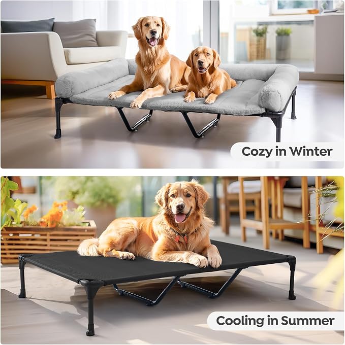 Veehoo Elevated Dog Beds Large Sized Dog with Fluffy Plush Bolster Cushion | Orthopedic Raised Dog Beds for Indoor Outdoor, Soft Pet Sofa Cot with Removable Washable Mat, No-Slip Feet, 59" x 37", Grey