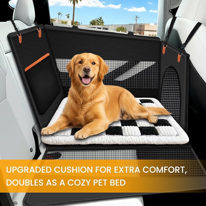Large Dog Car Seat Cover with Checkered Dog Bed Mat for Back Seat Half - Single Seat Travel Hammock Extender, Waterproof Hard Bottom, Trendy Checkered Car Accessories for SUV Truck Vehicle