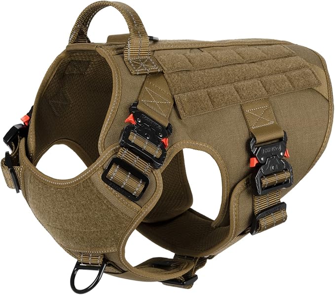 ICEFANG Tactical Dog Harness for Large Dogs,Full Metal Buckles Dog Vest | with MOLLE, Reflective,Adjustable,2 Leash Clips,Control Handle,No Pull,Soft Padded,Brown,Large