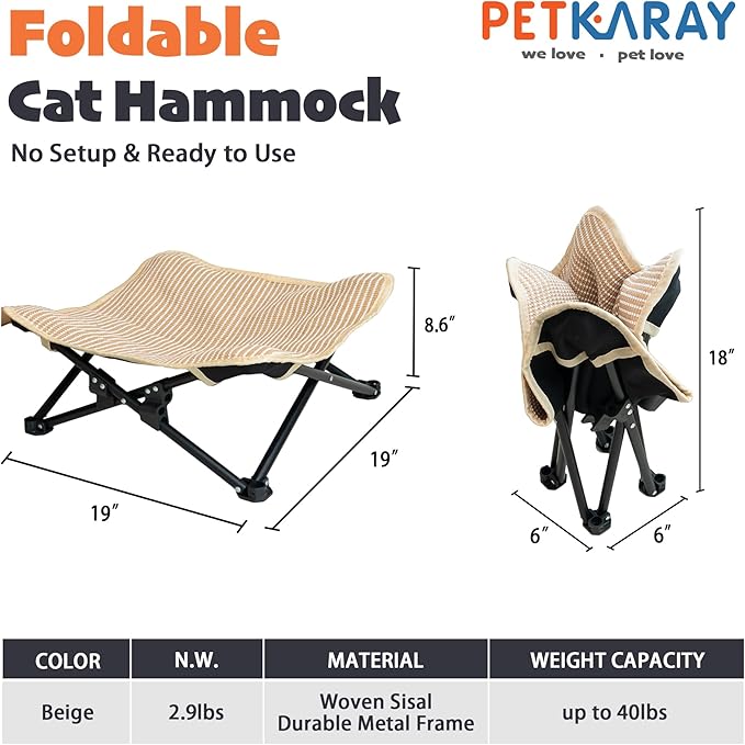 PETKARAY Foldable Cat Hammock Bed, Elevated Sisal Scratching Lounge with Metal Frame, Raised Cat Hammock Chair for Indoor Cats