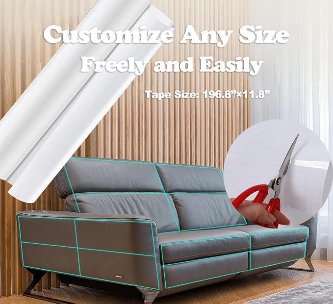Anti Cat Scratch Furniture Protector Tape Damage-Free Couch Guard, 197"x12" | clear,strong adhesive,flexible,easy to apply,easy to remove,pins-free,residue-free,long-term use,massive coverage,non-toxic