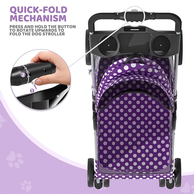 Magshion Foldable Pet Stroller, 3-in-1 Dog Travel Jogger with Detachable Carrier, Cup Holder, Storage Basket, Folding Carrier for Small/Medium Dogs & Cats Up to 33 lbs, Purple Polka Dots