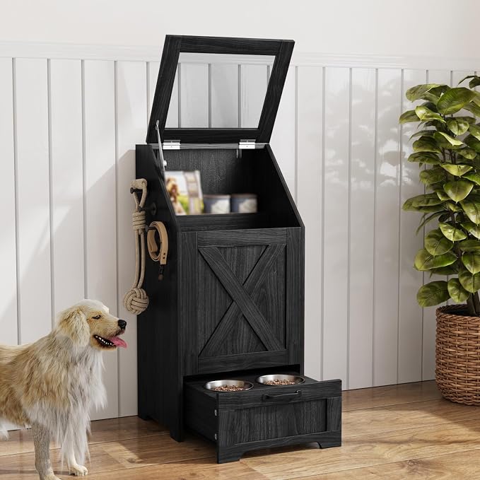 Dog Feeding Station,Dog Food Storage Cabinet,Pet Feeding Station with 2 Elevated Bowls,Hidden Pet Feeder Station with Hooks,Flip Top Pet Storage Organizer for Water,Feeding (Black)