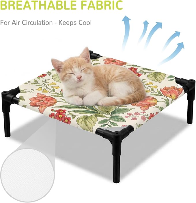 Outdoor Elevated Dog Bed for Small Dogs, Botanical Tulip Breathable Cooling Raised Dog Cot for Indoor/Outdoor, Farmhouse Vines Floral Summer Plants Waterproof Elevated Pet Beds, S 20 x 20 in