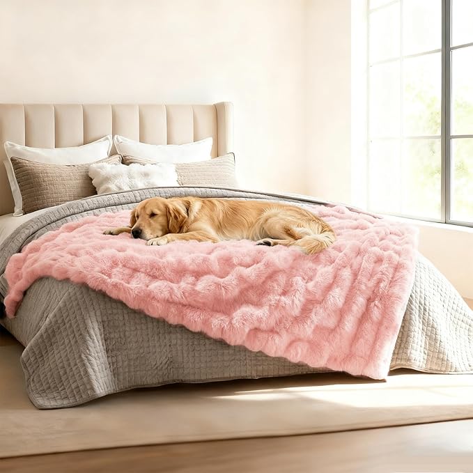 Waterproof Dog Blanket for Sofa Bed Couch, Couch Cover Blanket Fluffy Faux Rabbit Fur Reversible Furniture Protection, Pet Blanket for Medium Large Dogs Cats