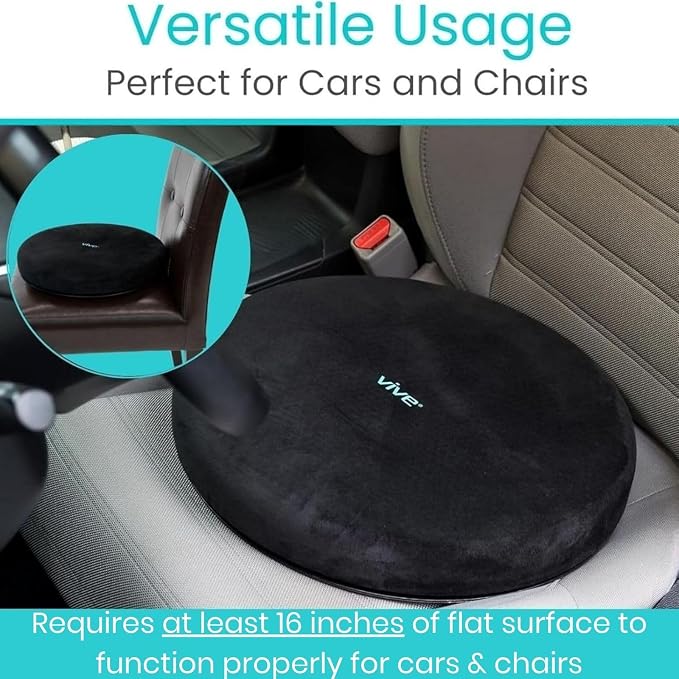 Vive Swivel Car Seat Cushion for Handicapped & Elderly Assistance - 360 Large Round Rotating Chair Pad with Memory Foam (Black)