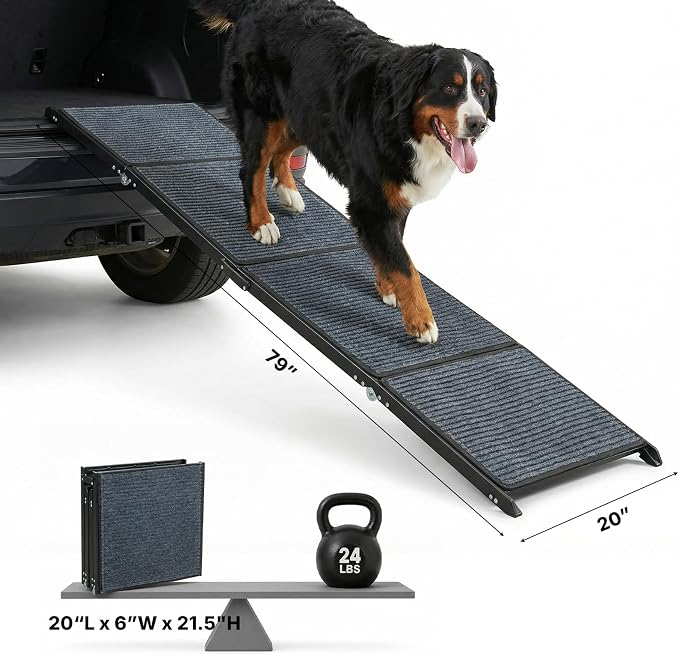 Veehoo Foldable Dog Ramp for Car Truck SUV Extra Large Wide 79" L 20" W | Outdoor Dog Ramp Heavy Duty for Pickup Trucks Minivan Portable Metal Pet Ramps for Injured Senior Dogs, Support up to 150lbs