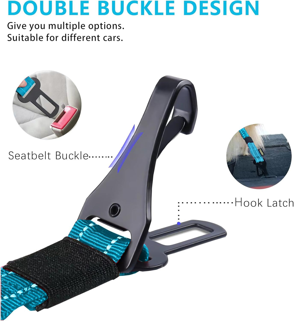 AUBELL Dog Seat Belt for Car,Updated 3-in-1 Adjustable Reflective Bungee Heavy Duty Dog Car Harness Tether with Clip Hook Latch & Buckle,Swivel Zinc Alloy Carabiner,Blue