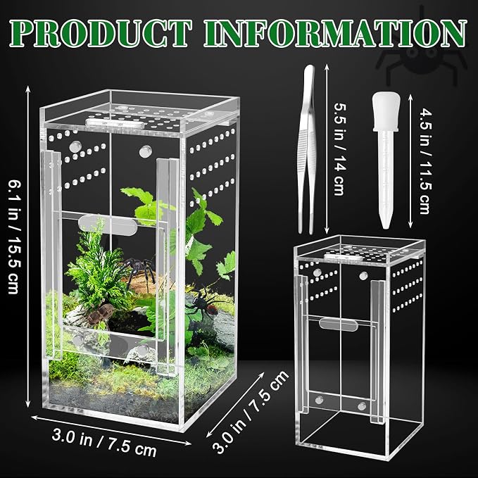 Mini Spider Enclosure, Windspeed 3x3x6’’ Acrylic Terrarium with Ventilation Jumping Spider Enclosure Cage Portable Micro Habitat Terrarium for Tarantula Lizards Gecko with Tongs, Dropper