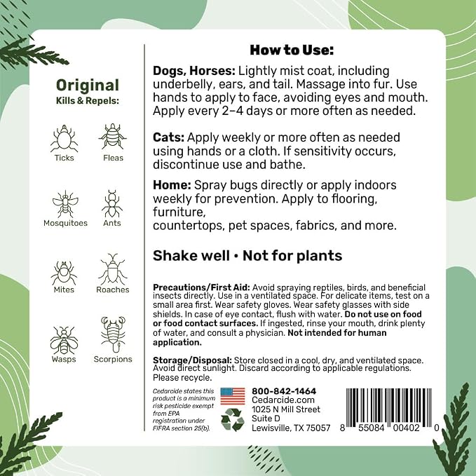 Cedarcide Original Bug Spray | Repel & Kill Fleas, Ticks, Mosquitoes, Mites, Ants & Chiggers | Natural Cedar Oil | Eco-Friendly | Quart