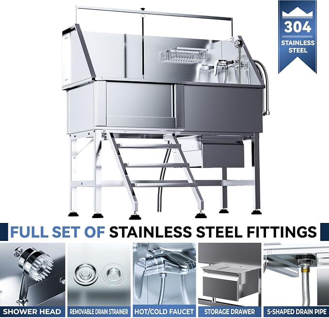 46" Dog Wash Station, 304 Stainless Steel, Side Stair, 440 lb | Storage Drawer, pet grooming tub, hot cold faucet, fixed sprayer, shampoo dispenser, S-trap, hair filter, garage outdoor use