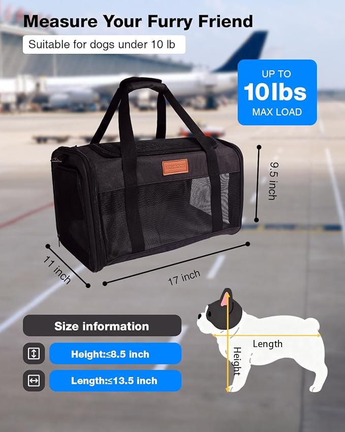 Pet Carrier Airline Approved for Pets Up to 10 Lb, 17x11x9.5 in | Underseat, Top & Side Entry Soft Dog Cat Travel Carrier with Safety Zippers & Anti-Scratch Mesh for Small Cat and Dog, Black