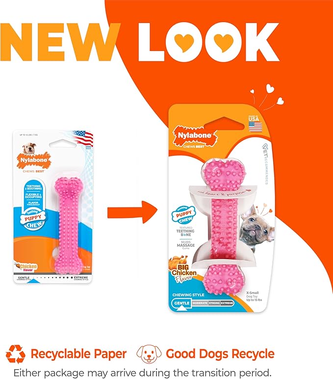 Nylabone Textured Teething Bone Puppy Chew Toy, Chicken Flavor, Pink, X-Small - Up to 15 lbs (1 Count)