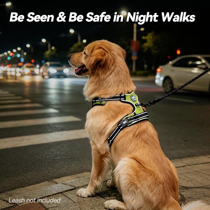 PoyPet No Pull Dog Harness Large with Front Clip & Neck Release Buckle | No Choke, Adjustable Vest, Reflective, Back Clip, Lockable, Soft Padded, Easy Control Handle for Walking Training, L, Green