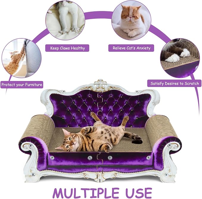 Luxury Cardboard Cat Scratcher Sofa Bed, Couch Shaped Cat Scratching Board, Cat Scratch Lounge with Catnip, Cat Scratcher for Indoor Cats (Purple Crown)