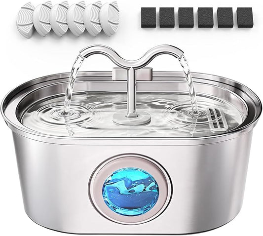 Stainless Steel Cat Water Fountain, 108oz/3.2L Pet Water Fountain for Cats Inside, with Dual Spouts for Multiple Cats, Ultra-Quiet Automatic Dog Water Dispenser, 6 Replacement Filters Included