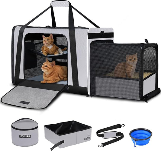 Petskd Side Expandable Extra Large Cat Carrier with Litter Box Area, 24"x17"x17" Soft-Sided Pet Carrier for 2 Cats Under 55 lbs with Zipper Locks for Car Travel(Grey)