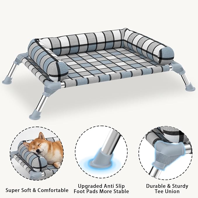 Elevated Dog Bed with Bolster,Portable Raised Lifted Pillow Pet Cot Beds | Breathable Fabric Dogs Hammock Bed for Indoor & Outdoor, Stainless Steel Frame, Anti-Slip Feet