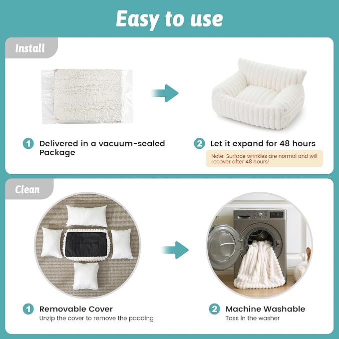 COZY KISS Cute Cat Bed with Removable Cover, Multifunctional Plush Faux Fur Pet Couch Bed with Blanket, Ultra-Soft Pet Furniture for Cats & Small Dogs (Cream, S: 25''x18'')