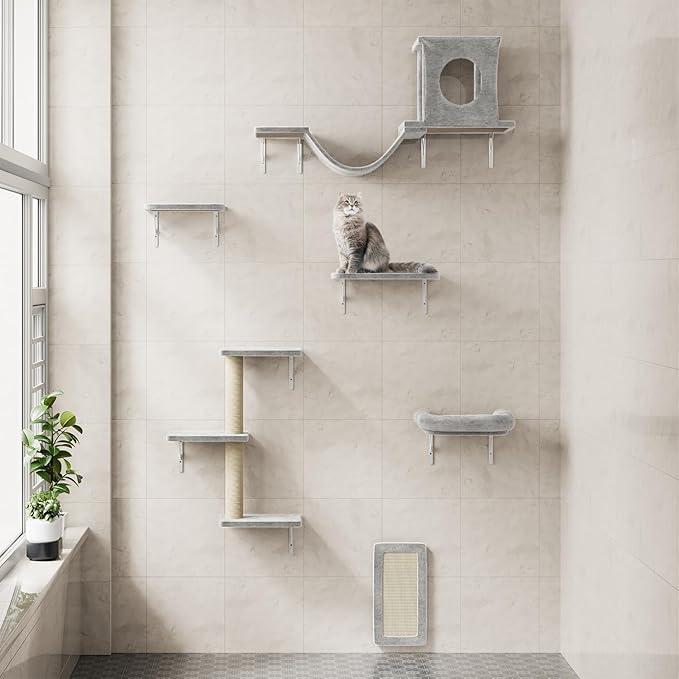 12-in-1 Cat Wall Shelves, Luxury Wall-Mounted Cat Climber Set with Condos House, Scratching Post, Bridge Ladder, Indoor Space-Saving Furniture for Kittens，Gray