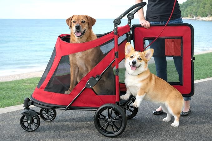 Pet Gear NO-Zip Pet Stroller with Dual Entry, Push Button Zipperless Entry for Single or Multiple Dogs/Cats, Pet Can Easily Walk in/Out, Gel-Filled Tires, Candy Apple