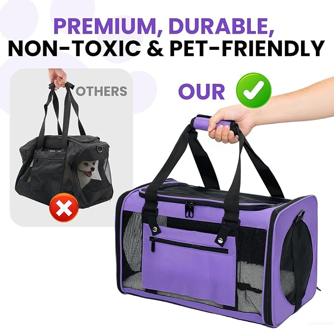 Soft-Sided Cat Carrier Expandable Pet Carrier Airline Approved Mesh Zipper with Lock Travel Carrier Up to 15lbs for Cats Dogs Collapsible Escape-Proof with Strap (18x11x11 Purple-L)