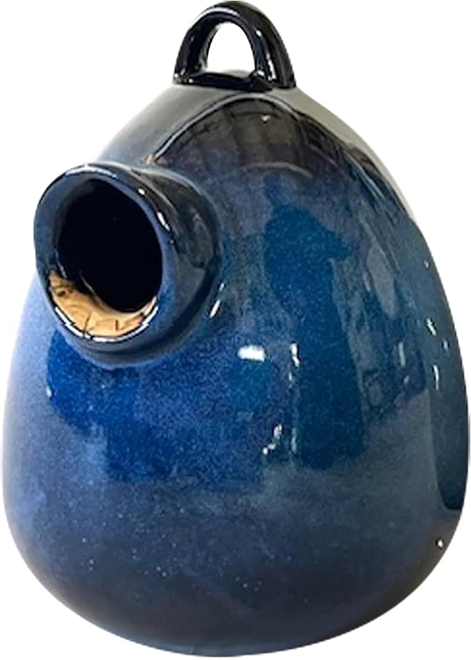 Byer of Maine Egg Bird Home for Small Songbirds, Cobalt Blue, High Fired Porcelain Stoneware, Ceramic Bird House, Glaze Finish, with Forged Steel Hook