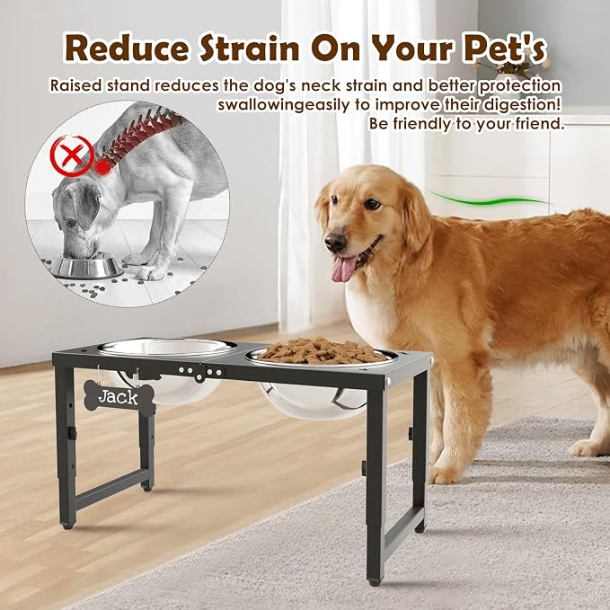 SHAINFUN Elevated Dog Bowls for Large Dogs, 3 Height Adjustable，Raised Tall Dog Food Water Bowl Stand with Two 101oz Bowls