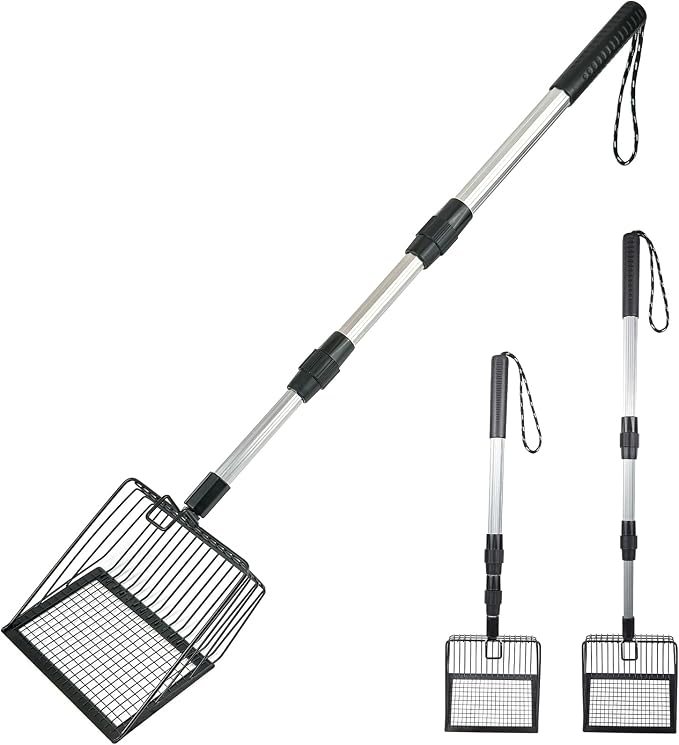 Metal Cat Litter Scoop with Extendable Long Handle, No Bending Back | Heavy Duty Stainless Steel Cat Pooper Scooper Large Durable Non-Stick Deep Shovel Kitty Litter Scoop Detachable Long Handle