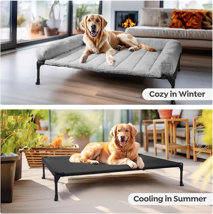 Veehoo Elevated Dog Beds Large Sized Dog with Fluffy Plush Bolster Cushion | Orthopedic Raised Dog Beds for Indoor Outdoor, Soft Pet Sofa Cot with Removable Washable Mat, No-Slip Feet, 42" x 30", Grey