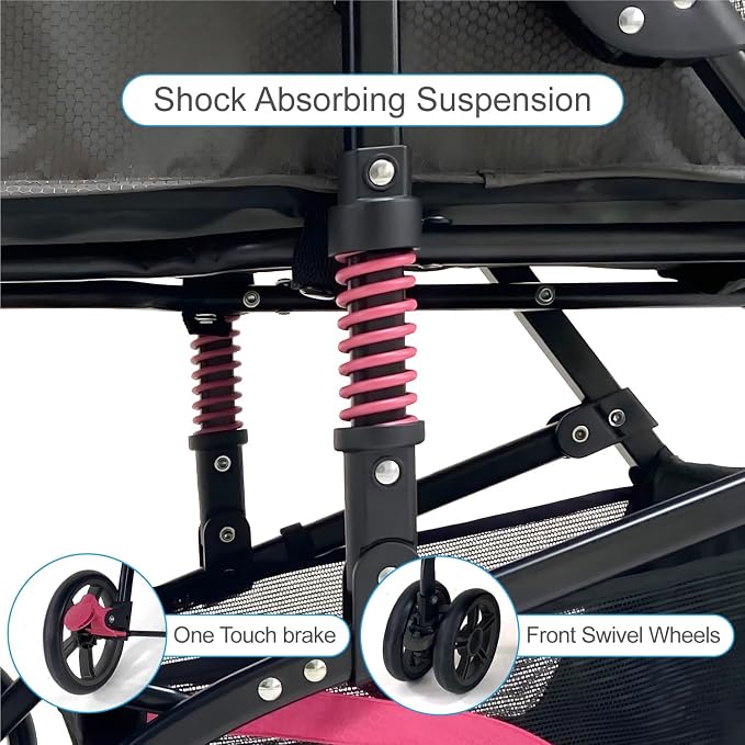 22” Buddy Buggies Foldable Pet Stroller - Shock Absorbing Frame with Storage - Machine Washable Fabric - Durable Mesh & UV Protected Retractable Canopy - Cat & Dog Stroller Up to 30lb