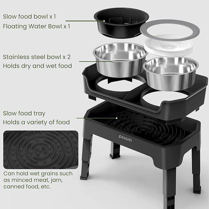 4-in-1 Elevated Slow Feeder Dog Bowls, 4 Height Adjustable Mess Proof Raised Dog Bowl Stand with No Spill Dog Water Bowl, Stainless Steel Dog Food Bowl & Slow Feeder for Large Medium Small Dogs Pets