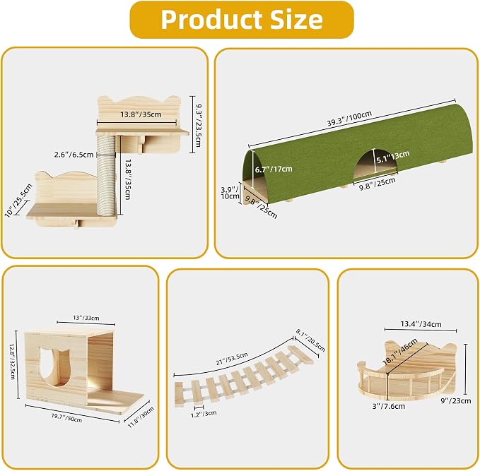 16-in-1 Cat Shelves for Wall, Cat Wall Furniture w/Tunnel & Bridge | Multi-Level Floating Cat Shelves for Space Saving, Solid Wood Cat Climbing System with Scratching Posts, 2 Condos, Burlywood