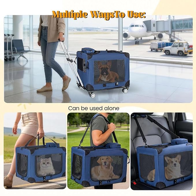 Rolling Pet Carrier with Wheels, Expandable Airline Approved Dog & Cat Carrier up to 50 lbs, Collapsible Travel Crate with Telescopic Handle, Breathable Soft-Sided Pet Carrier for Travel, Car & Home