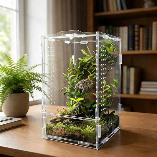 Acrylic Jumping Spider Enclosure: Arboreal Tarantula Enclosure | Front Opening Reptile Terrarium for Gecko Praying Mantis Snail - Lockable Dual-Side Ventilation Bug Habitat for Desk Decor