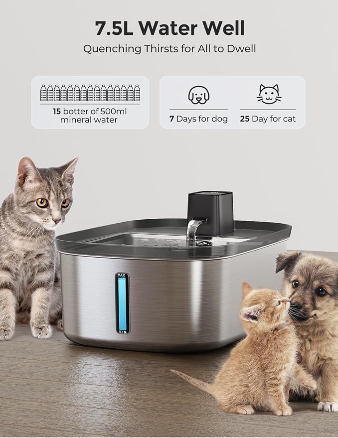 Wireless 7.5l/254oz/2Gal Dog Water Fountain for Large Dogs Stainless Steel | Quiet Pet & Cat Water Fountain with Motion Sensor, Automatic Water Dispenser for Dogs&Multi-Pet Homes Continuous Fresh Flow