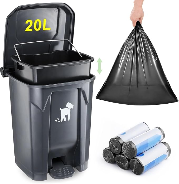 Pet Waste Container - 20L Outdoor Dog Poop Trash Bin with Removable Inner Bin, 150 Waste Bags for Small/Large Dog Families