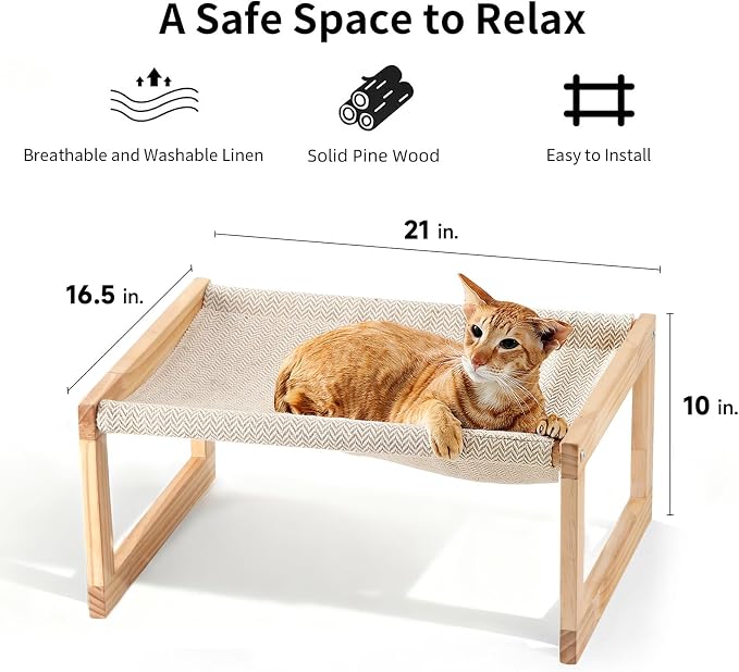 FUKUMARU Large Cat Hammock, Raised Dog Bed for Indoor and Outdoor, Washable | 21" Wooden Pet Beds, Breathable Linen Cat Couch, Elevated Pet Sofa for Puppy, Bunny and Small Animal