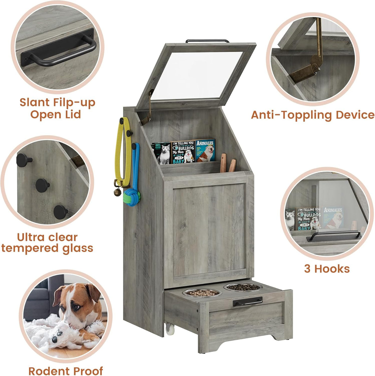 Dog Feeding Station with Storage - Large Capacity Dog Food Storage Cabinet with 2 Removable Stainless Steel Bowls, Flip Top Pet Food Container Toy Storage Organizer - Grey