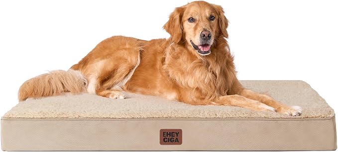 EHEYCIGA Orthopedic Dog Bed Large with Removable Washable Cover, 44IN Khaki | Egg Crate Foam Support, Durable Oxford fabric, Non-Slip Bottom, Machine Washable, Soft Waterproof Plush Pet Bed Mat For Crate