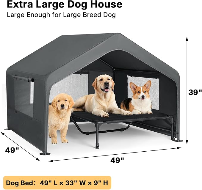 Veehoo Extra Large Dog House Outdoor Includes Elevated Dog Bed-Weatherproof | Waterproof Outside Dog Tent 4.1' x 4.1' x 3.3', Dog Shade Shelter and Raised Bed Combo for Pets or Stray Animals, Grey