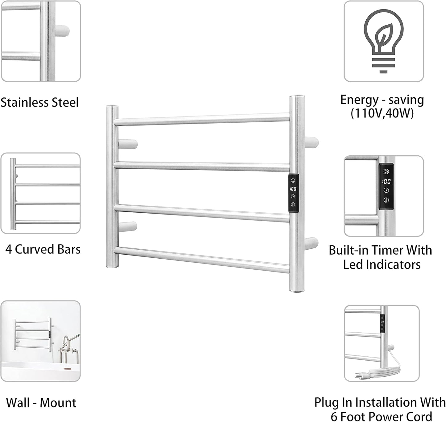 KEG Smart WiFi Towel Warmer Wall Mounted with Built-in Timer and Temperature Adjust Control, 4 Bars Electric Stainless Steel Heated Towel Racks for Bathroom Polish Chrome