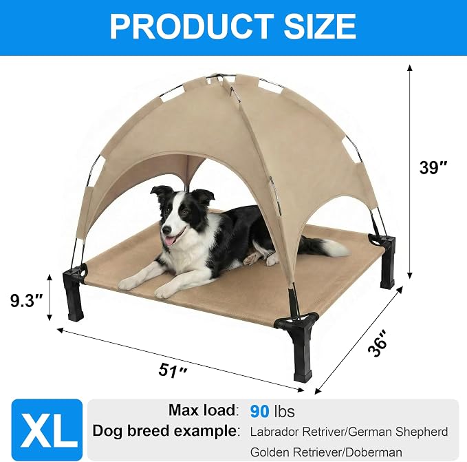Elevated Dog Bed with Canopy Raised Pet Cot for Large Dogs, Outdoor Dog Cot with Removable Sun Shade Tent, Breathable Mesh Portable Dogs Cot for Camping, Beach, Backyard, Outdoor Use